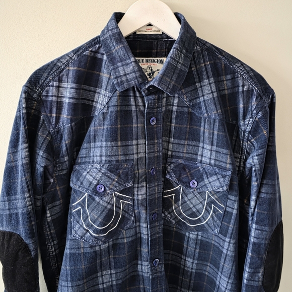 True Religion XL Indie Sleeze 90s Grunge Plaid Soft Corduroy Button Down Shirt - Picture 5 of 13